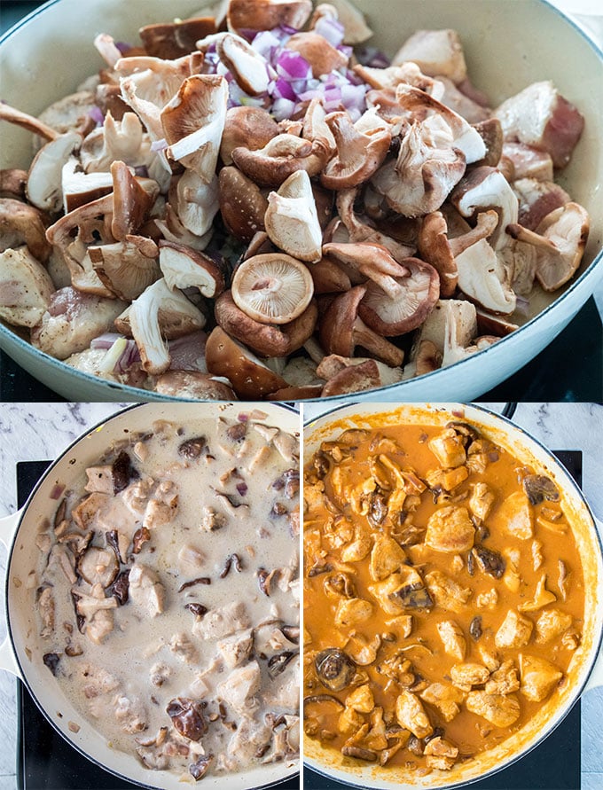 Chicken and Shiitake Coconut Curry 3 photos showing the process of making curry