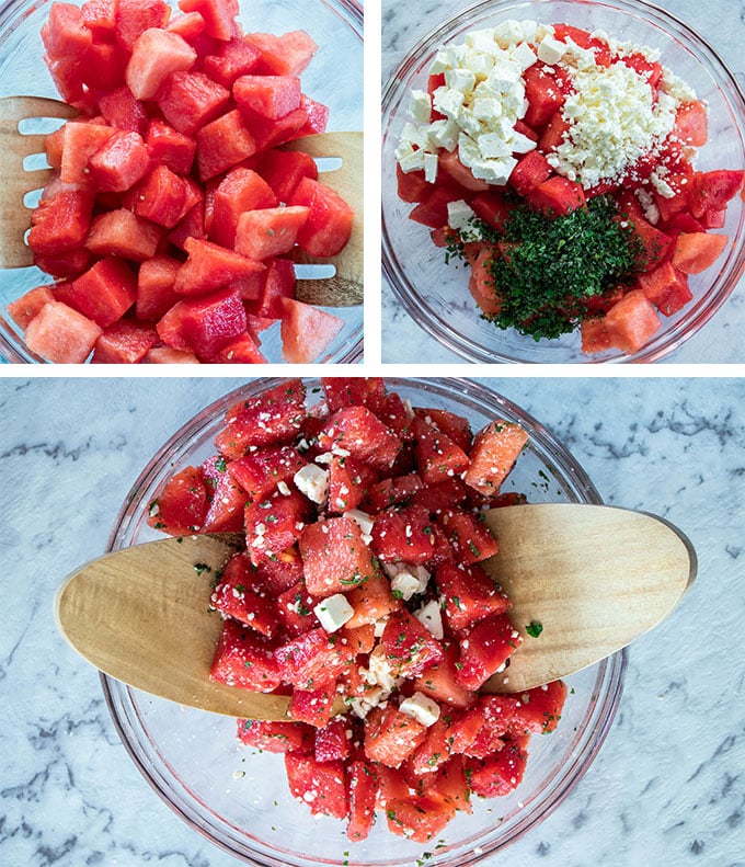 process of mixing watermelon with mint and feta