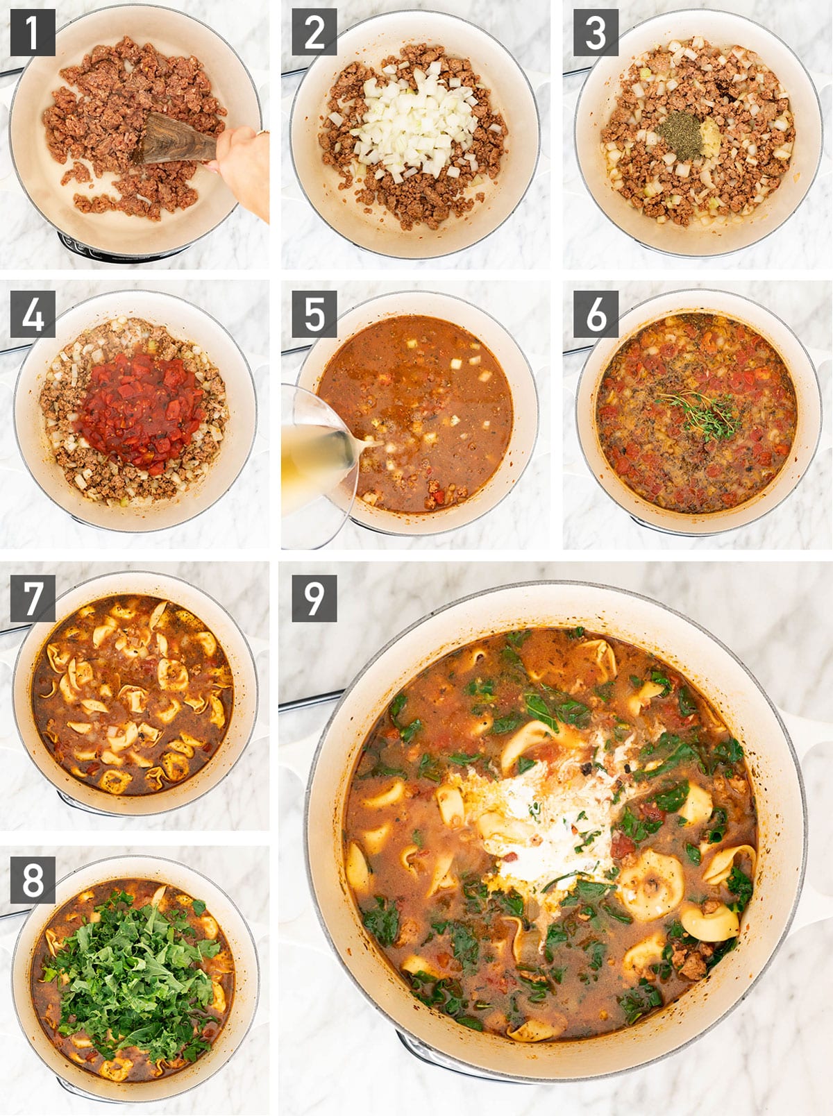 Step-by-step instructions for making creamy tortellini soup with sausage