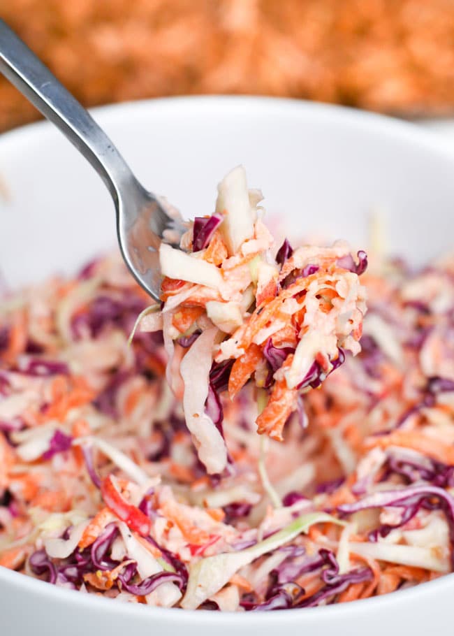 a forkful of easy apple coleslaw