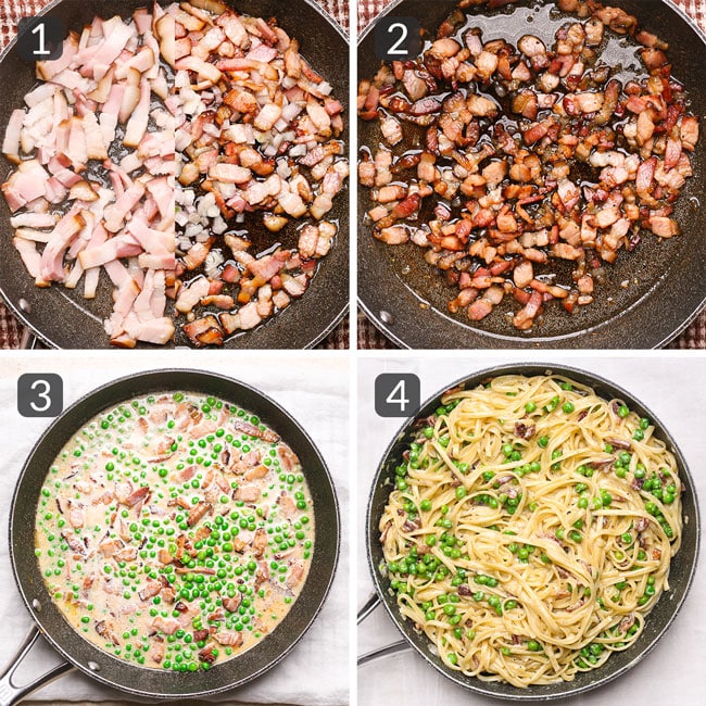 how to make creamy pasta with bacon and peas