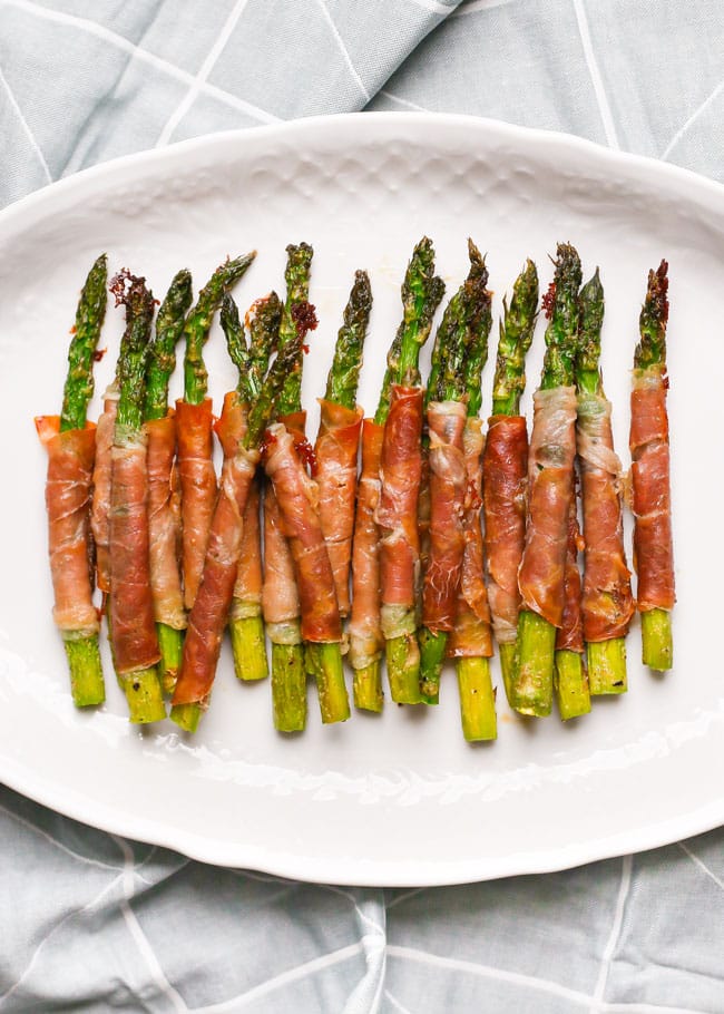overhead photo of a platter of asparagus