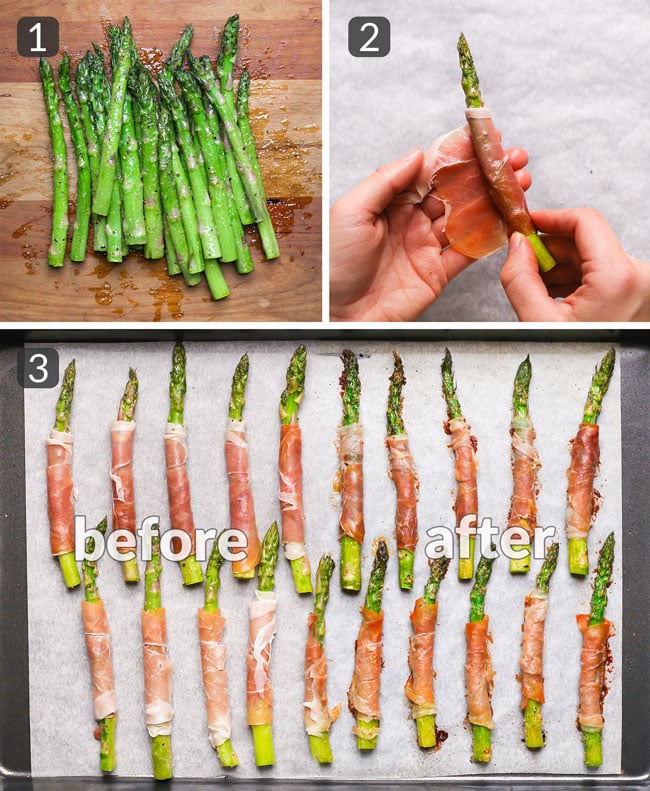 step photos for making prosciutto wrapped asparagus
