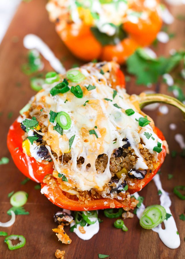 a quinoa stuffed pepper with melty cheese
