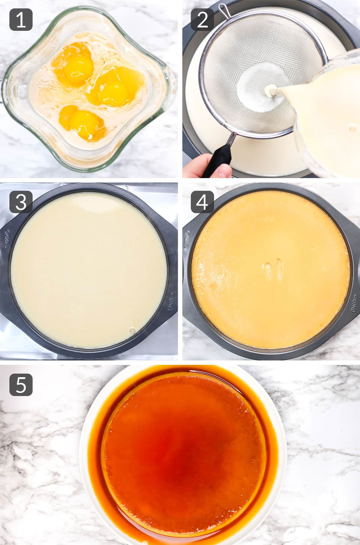 step photos showing how to prepare the custard for homemade flan