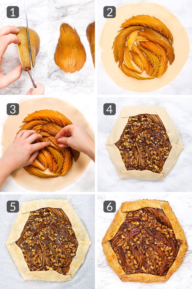 step-by-step photos showing how to make a pear galette