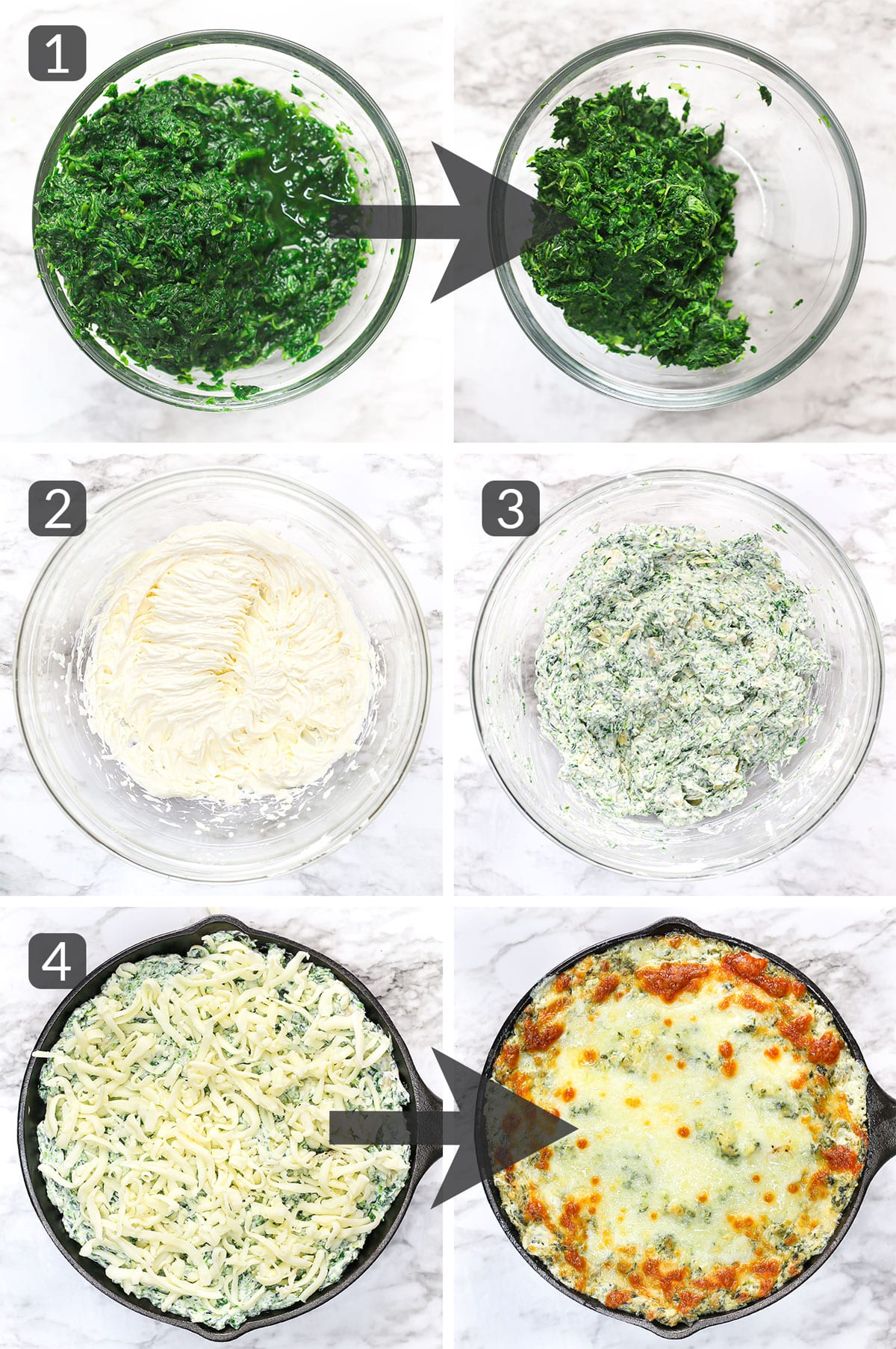 step photos showing how to make spinach artichoke dip
