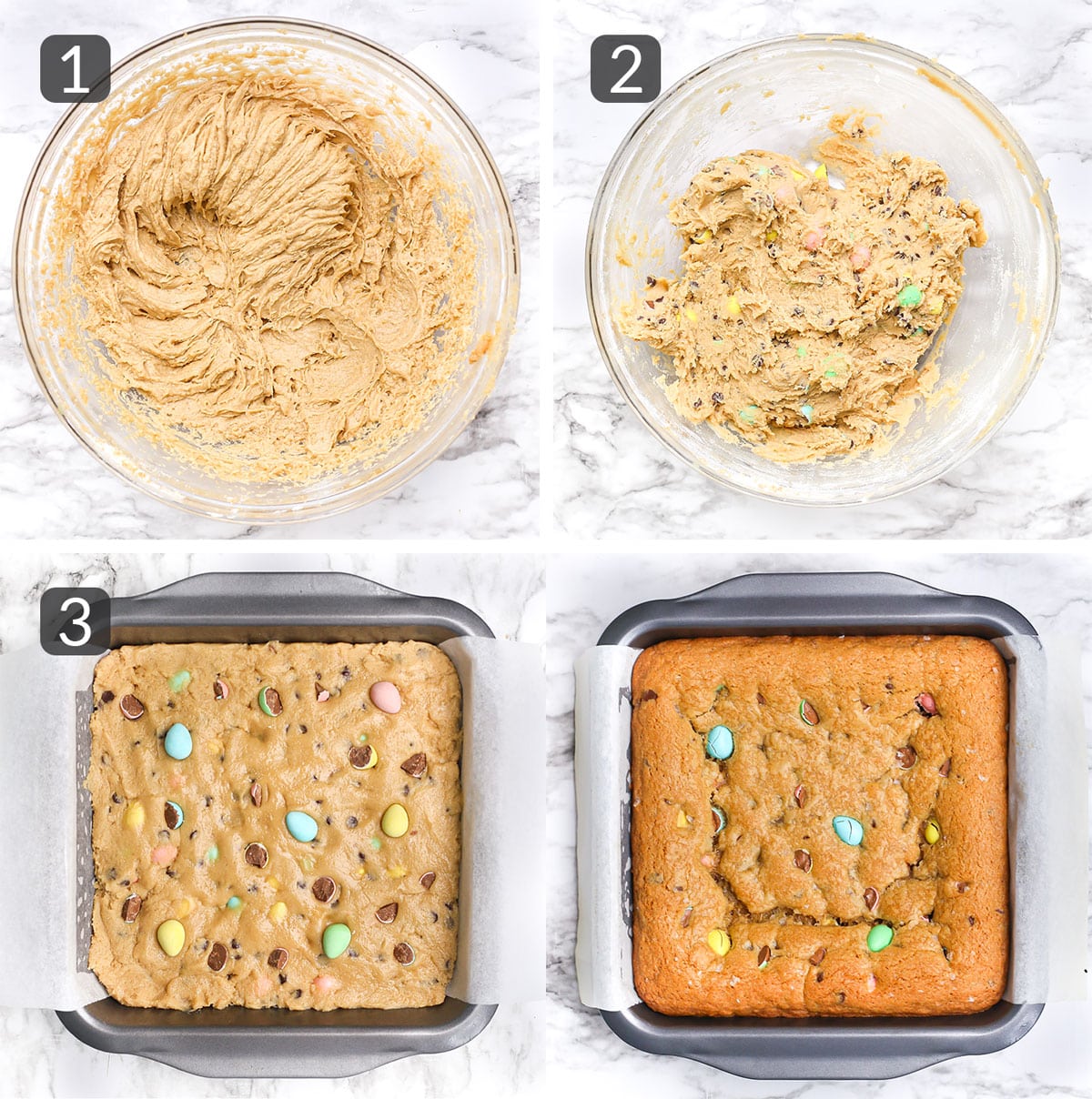 a step photo collage showing how to make mini egg cookie bars