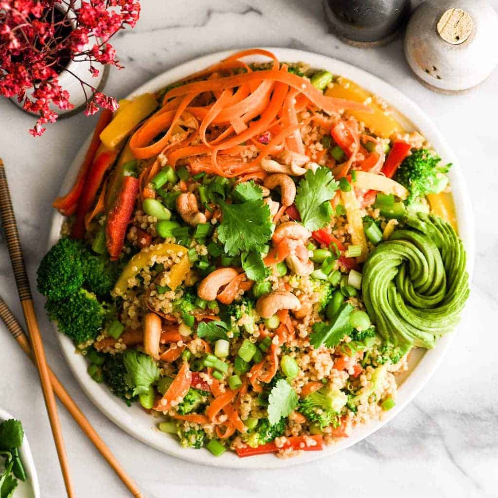 asian quinoa salad with peanut dressing