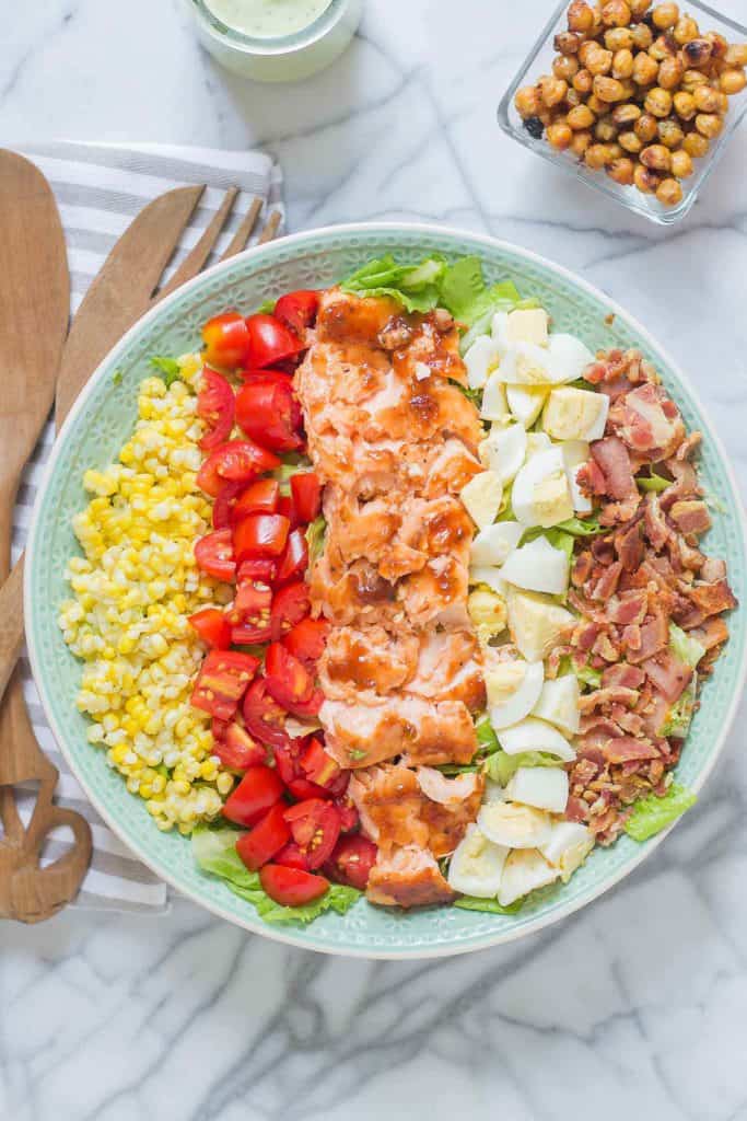 BBQ Salmon Cobb Salad with Avocado Ranch Dressing