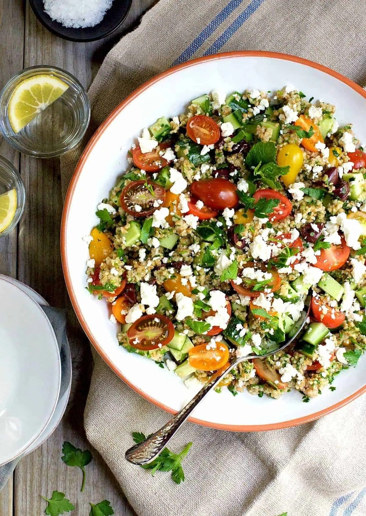 Tabouli Salad with Cucumber, Tomato, Feta, and Olives